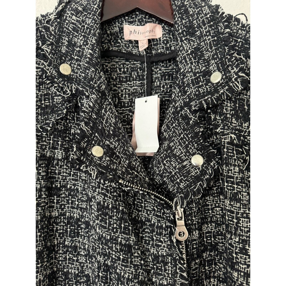 Philosophy Black and White Tweed Raw Hem Zip Front Jacket Size L NWT - Picture 2 of 6